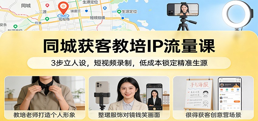 同城获客教培IP流量课：3步立人设，短视频录制，低成本锁定精准生源-来聚吧