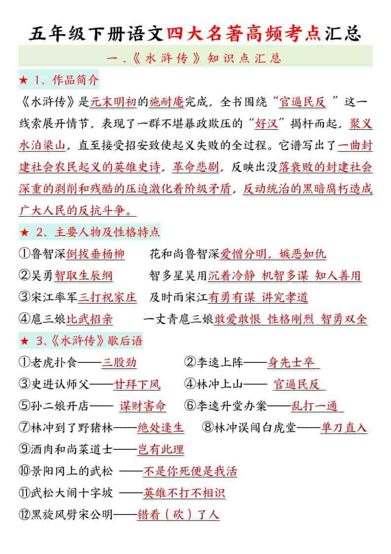 五年级下语文四大名著高频考点-来聚吧