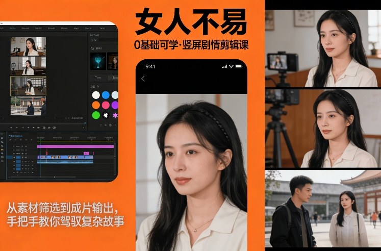 0基础可学！《女人不易》竖屏剧情剪辑课，从素材筛选到成片输出，手把手教你驾驭复杂故事-来聚吧