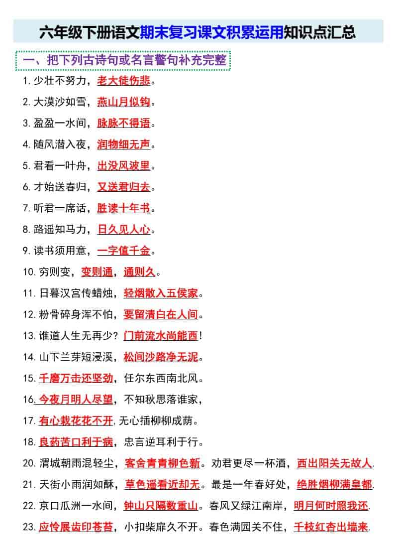 六年级下语文期末复习课文积累运用知识点汇总-来聚吧