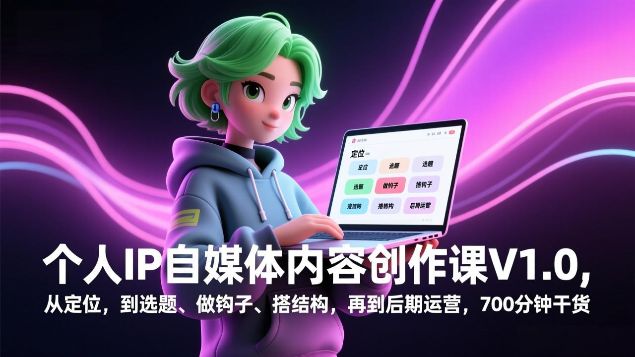 个人IP自媒体内容创作课V1.0，从定位，到选题、做钩子、搭结构，再到后期运营，700分钟干货-来聚吧