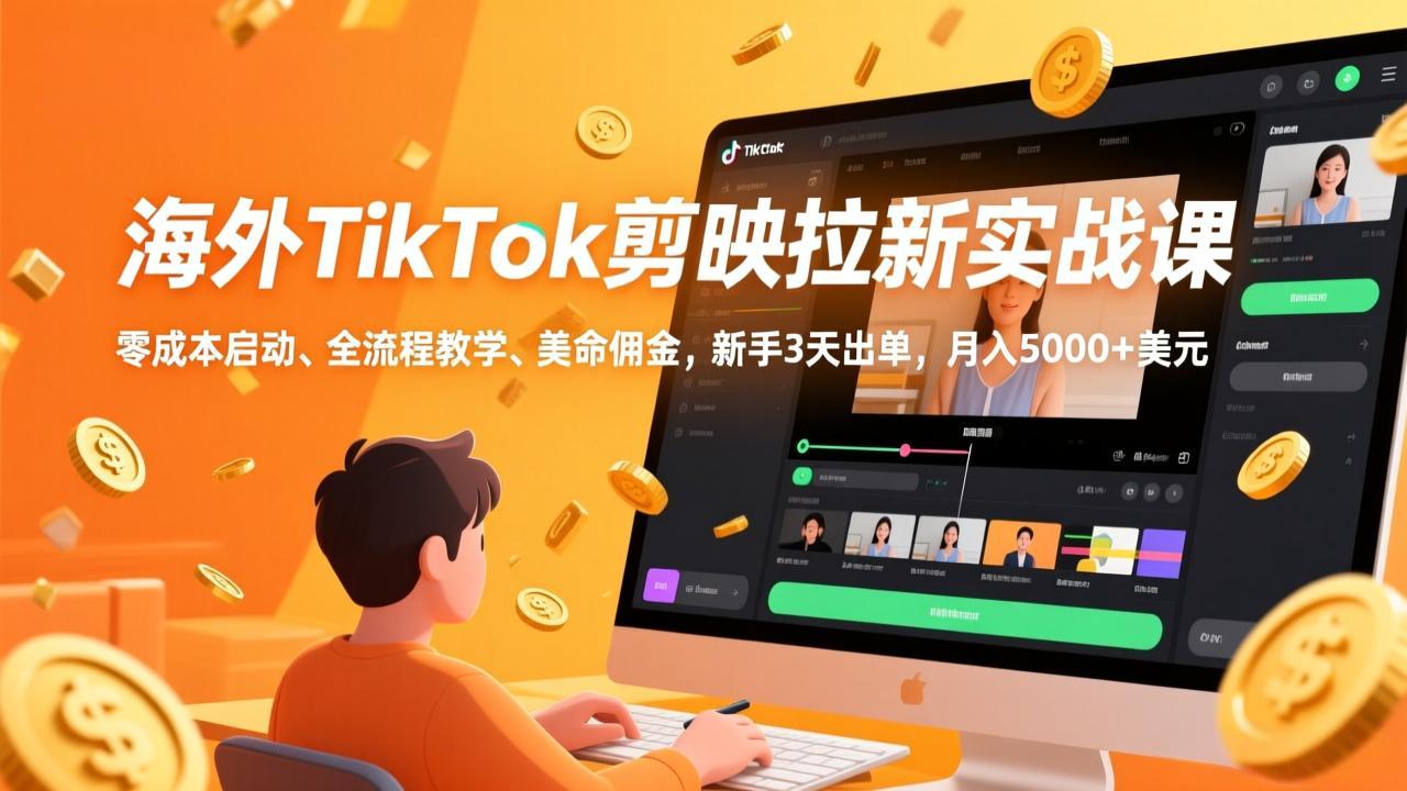 海外TikTok剪映拉新实战课，零成本启动、全流程教学、美金佣金，新手3天出单，月入5000+美元-来聚吧