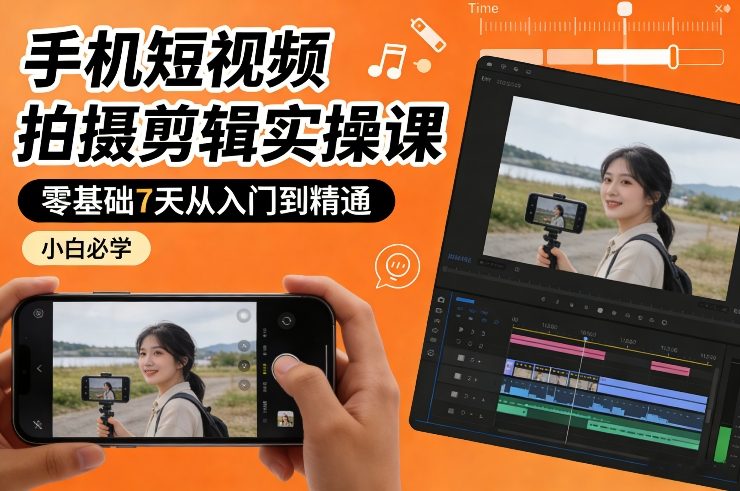 手机短视频拍摄剪辑实操课，零基础7天从入门到精通，小白必学-来聚吧