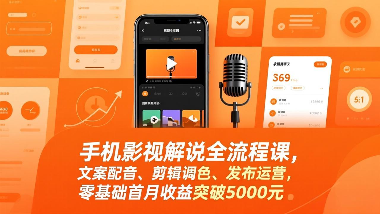 手机影视解说全流程课，文案配音、剪辑调色、发布运营，零基础首月收益突破5000元-来聚吧