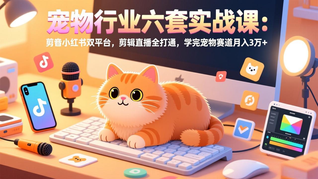 宠物行业六套实战课：抖音小红书双平台，剪辑直播全打通，学完宠物赛道月入3万+-来聚吧