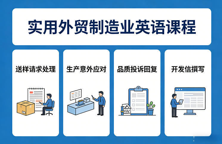 实用外贸制造业英语课程,教你专业处理送样请求、应对生产意外、回复品质投诉、撰写开发信等-来聚吧
