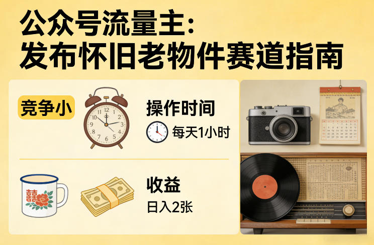 公众号流量主之发布怀旧老物件赛道，竞争小，每天操作1小时，日入2张-来聚吧