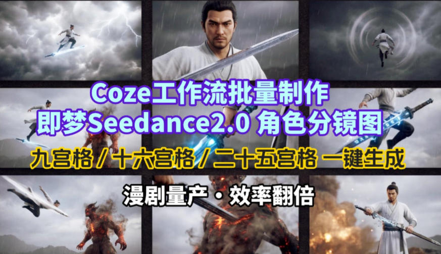 Coze工作流批量制作即梦Seedance2.0角色分镜图,九宫格-十六宫格-二十五宫格一键生成,漫剧量产,效率翻倍-来聚吧
