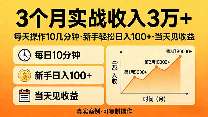 3个月实战收入3万+，每天操作10几分钟，新手轻松日入100+，当天见收益-来聚吧