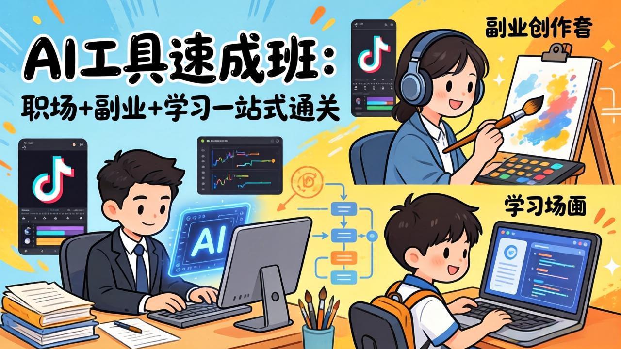 AI工具速成班:职场+副业+学习一站式通关,20+爆款类型+剪映技巧+抖音算法,0基础快速上手-来聚吧