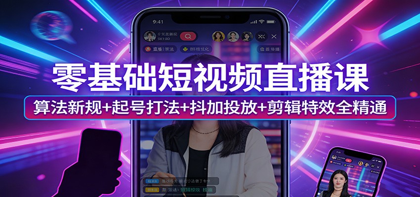 零基础短视频直播课:算法新规+起号打法+抖加投放+剪辑特效全精通-来聚吧