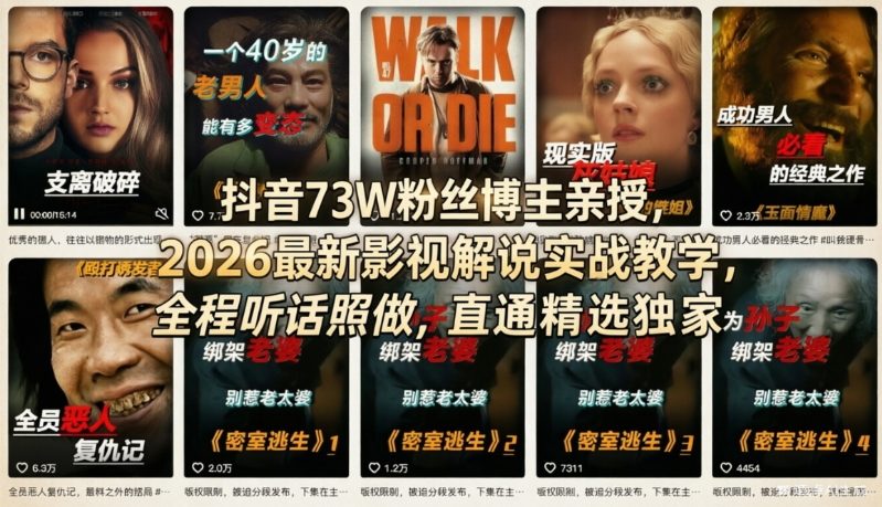 抖音73W粉丝博主亲授，2026最新影视解说实战教学，全程听话照做，直通精选独家-来聚吧