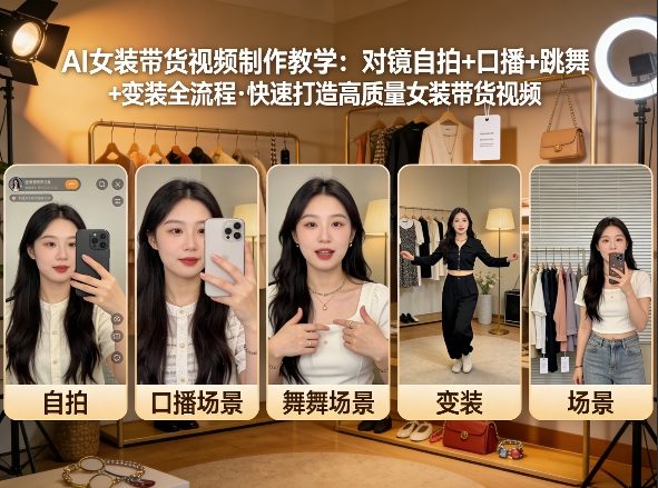 AI女装带货视频制作教学,对镜自拍、口播、跳舞、变装全流程,快速打造高质量女装带货视频-来聚吧