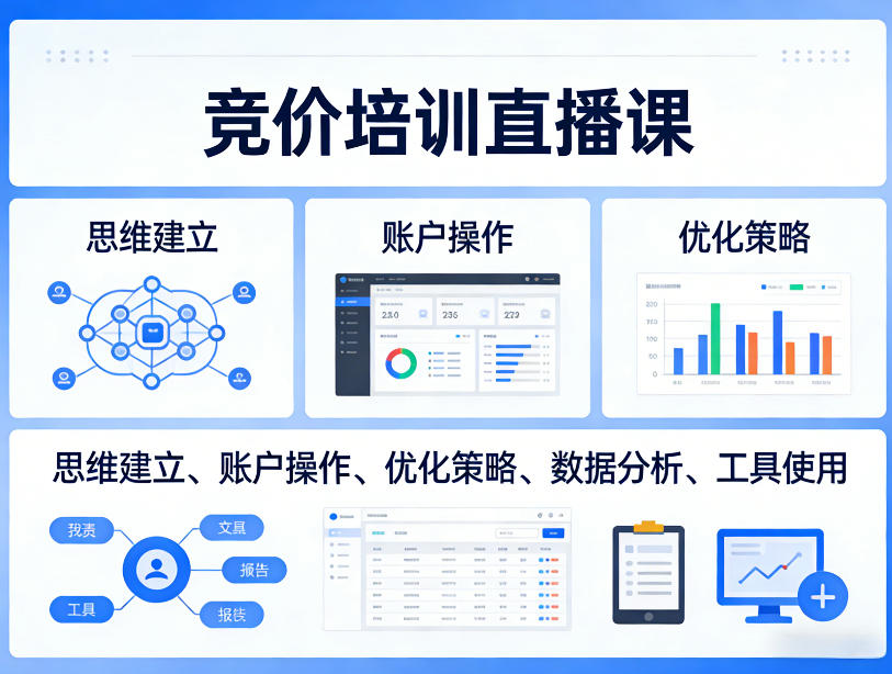 竞价培训直播课,覆盖思维建立、账户操作、优化策略、数据分析、工具使用等,全方位提升效果-来聚吧