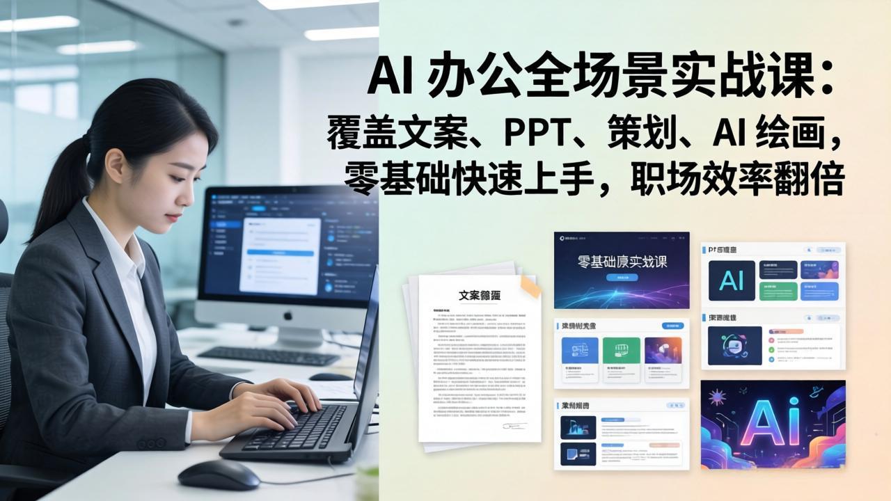 AI 办公全场景实战课：覆盖文案、PPT、策划、AI 绘画，零基础快速上手，职场效率翻倍-来聚吧