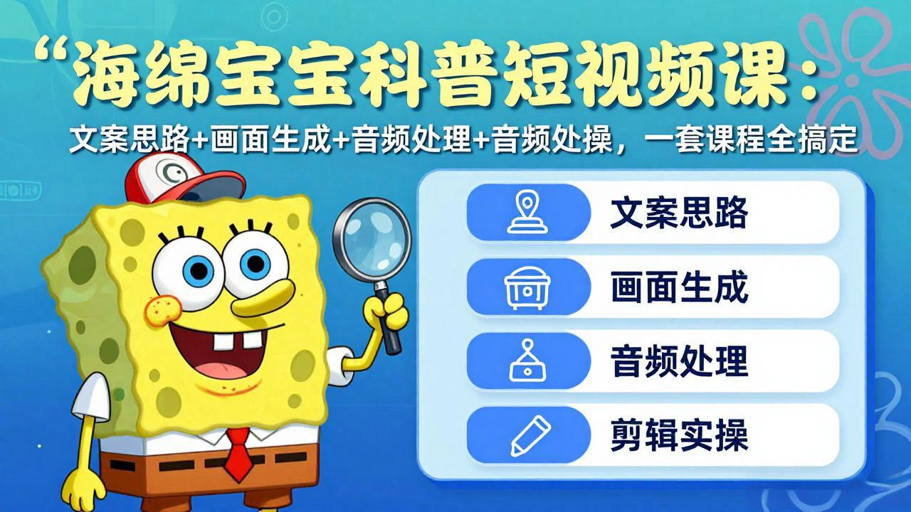 海绵宝宝科普短视频课：文案思路+画面生成+音频处理+剪辑实操，一套课程全搞定-来聚吧