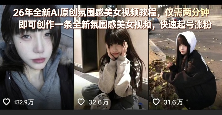 26年全新AI原创氛围感美女视频教程,仅需两分钟即可创作一条全新氛围感美女视频,快速起号涨粉-来聚吧