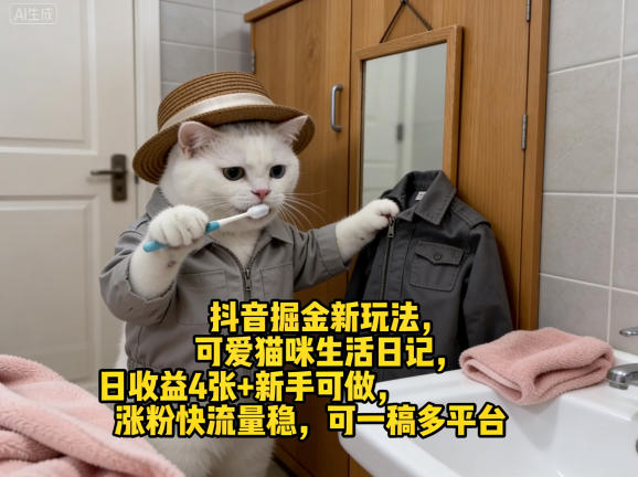 抖音掘金新玩法，可爱猫咪生活日记，日收益4张+新手可做，涨粉快流量稳，可一稿多平台-来聚吧