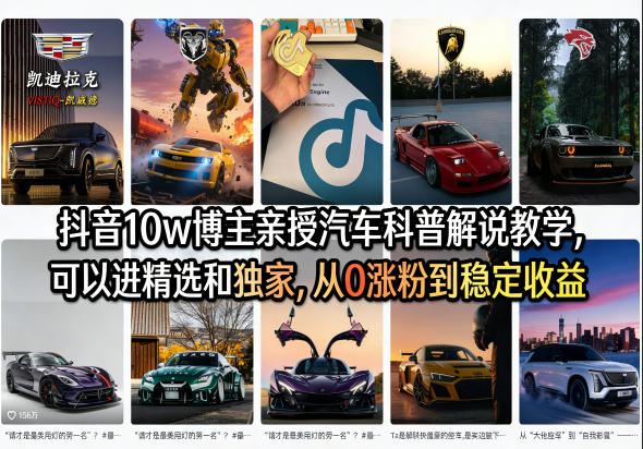 抖音10w博主亲授汽车科普解说教学，可以进精选和独家，从0涨粉到稳定收益(详细视频课程+1T素材)-来聚吧