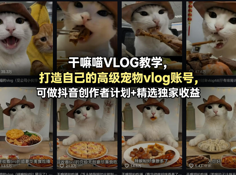 干嘛喵VLOG教学，打造自己的高级宠物vlog账号，可做抖音创作者计划+精选独家收益-来聚吧