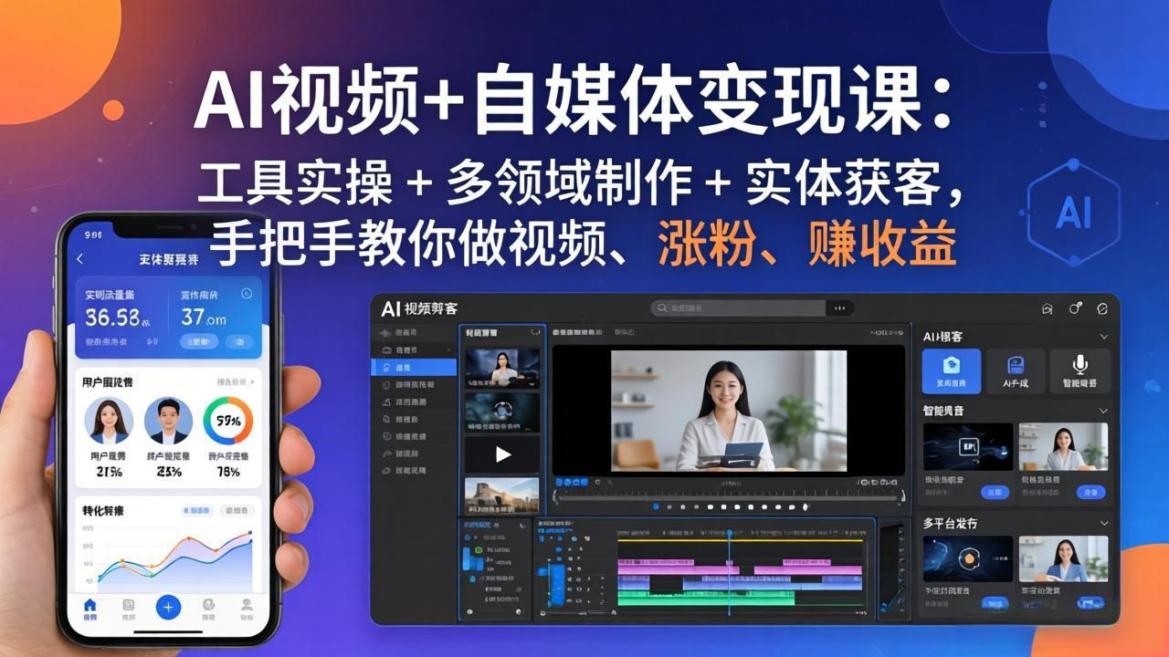 AI视频+自媒体变现课:工具实操 + 多领域制作 + 实体获客,手把手教你做视频、涨粉、赚收益-来聚吧