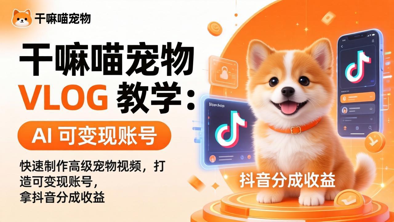 干嘛喵宠物 VLOG 教学：AI 快速制作高级宠物视频，打造可变现账号，拿抖音分成收益-来聚吧