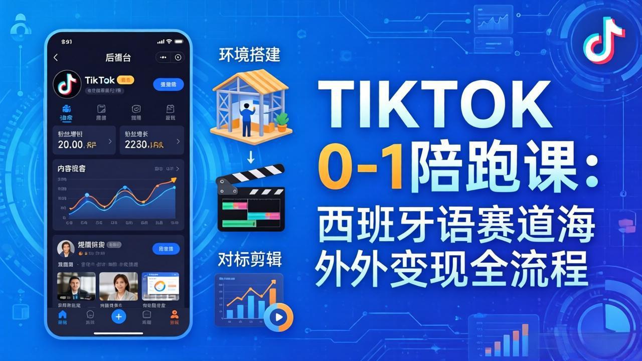 TIKTOK 0-1 陪跑课：从环境搭建到刷对标剪辑，西班牙语赛道海外变现全流程-来聚吧