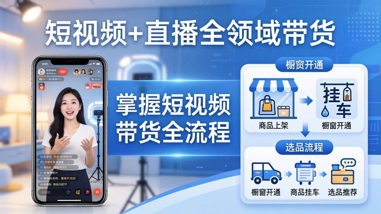 短视频+直播全领域带货-更新:掌握橱窗开通、挂车、选品、爆款文案改编等短视频带货全流程-来聚吧