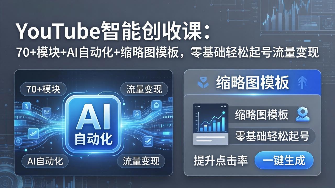 YouTube智能创收课:70+模块+AI自动化+缩略图模板,零基础轻松起号流量变现-来聚吧