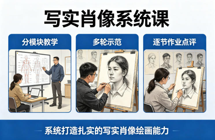 写实肖像系统课,全程分模块教学+多轮示范+逐节作业点评,系统打造扎实的写实肖像绘画能力-来聚吧