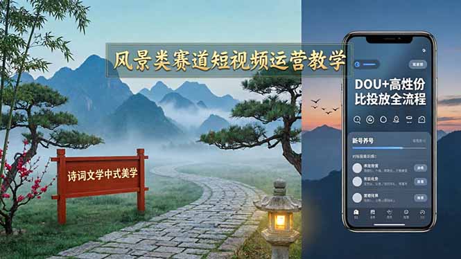 风景类赛道短视频运营教学：诗词文学中式美学，新号养号对标账号定位，DOU+高性价比投放全流程-来聚吧