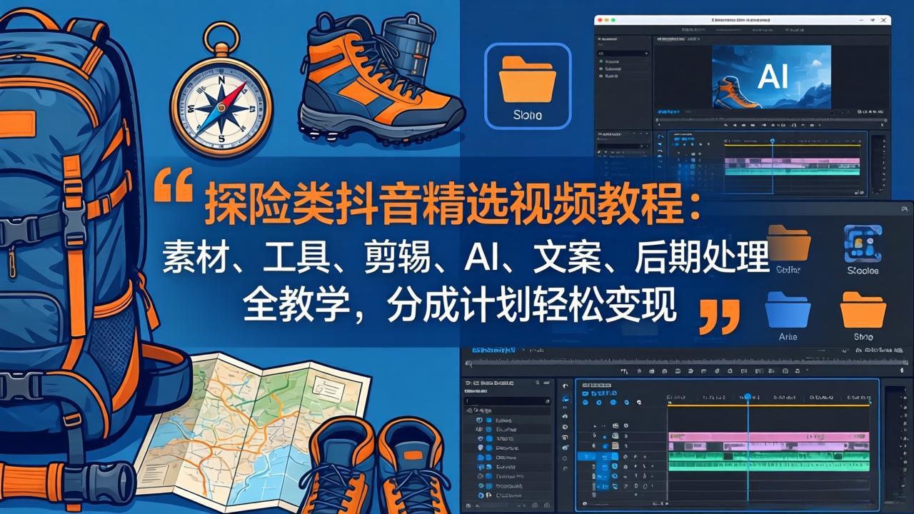 探险类抖音精选视频教程：素材、工具、剪辑、AI、文案、后期处理全教学，分成计划轻松变现-来聚吧