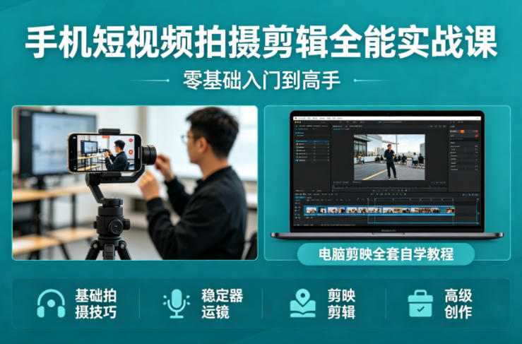 手机短视频拍摄剪辑全能实战课：零基础入门到高手，稳定器运镜+电脑剪映全套自学教程-来聚吧