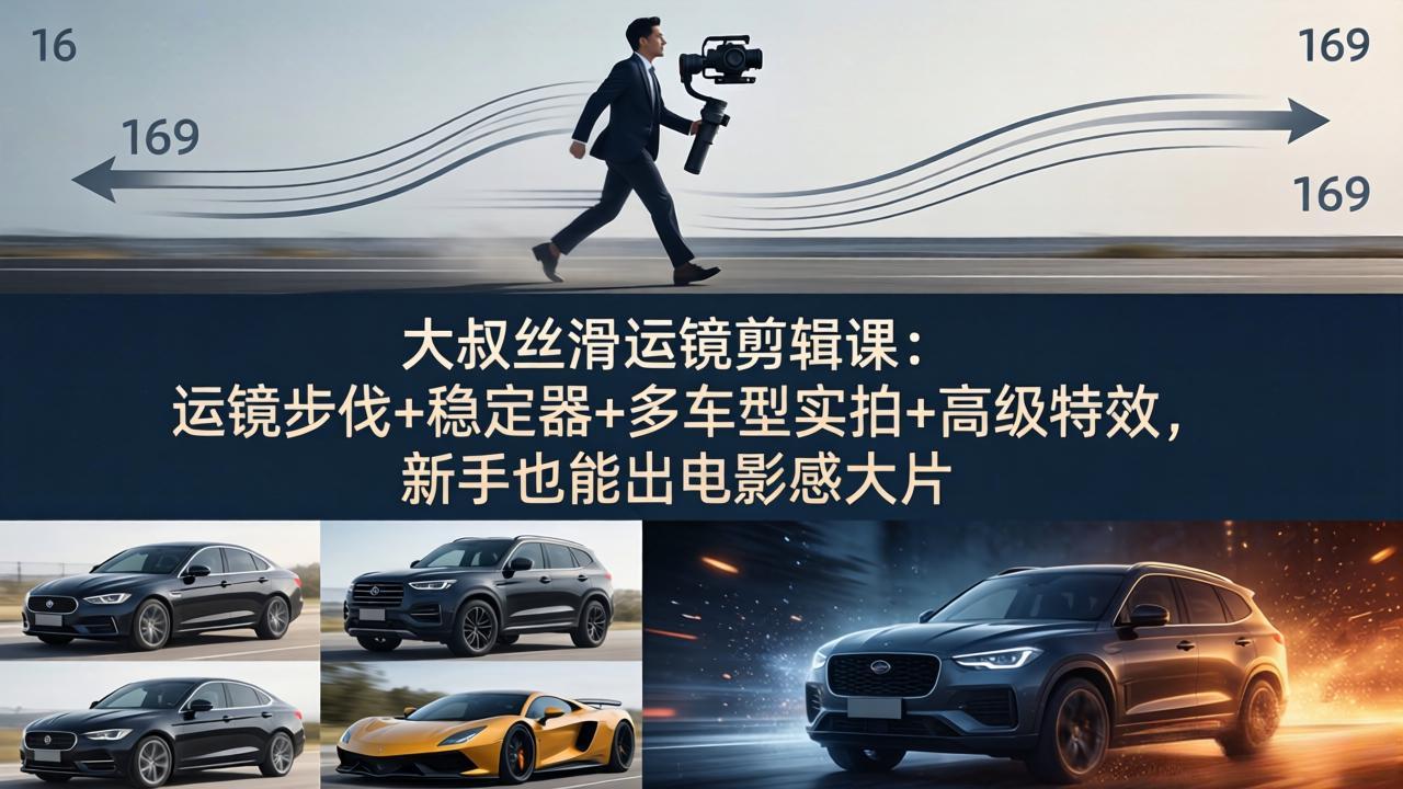 大叔丝滑运镜剪辑课：运镜步伐+稳定器+多车型实拍+高级特效，新手也能出电影感大片-来聚吧