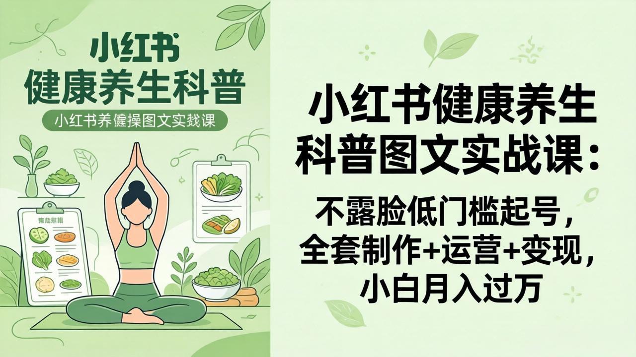 2026小红书健康养生科普图文实战课：不露脸低门槛起号，全套制作+运营+变现，小白月入过万-来聚吧