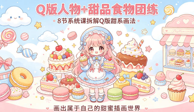 Q版人物+甜品食物团练，8节系统课拆解Q版甜系画法，画出属于自己的甜蜜插画世界-来聚吧