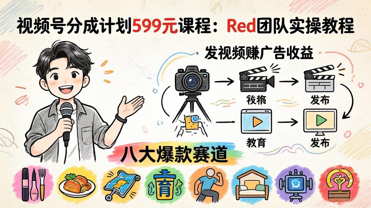 视频号分成计划599元课程：Red团队实操教程，发视频赚广告收益，八大爆款赛道全掌握-来聚吧