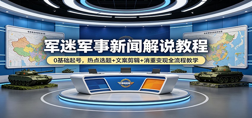 军迷军事新闻解说教程：0基础起号，热点选题+文案剪辑+消重变现全流程教学-来聚吧