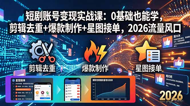 短剧账号变现实战课：0基础也能学，剪辑去重+爆款制作+星图接单，2026流量风口-来聚吧