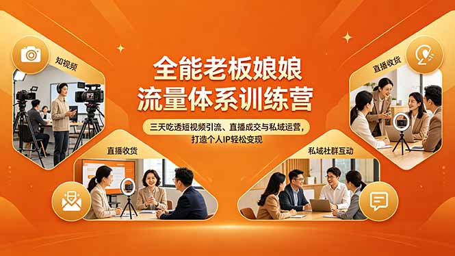 全能老板娘流量体系训练营，三天吃透短视频引流、直播成交与私域运营，打造个人IP轻松变现-来聚吧