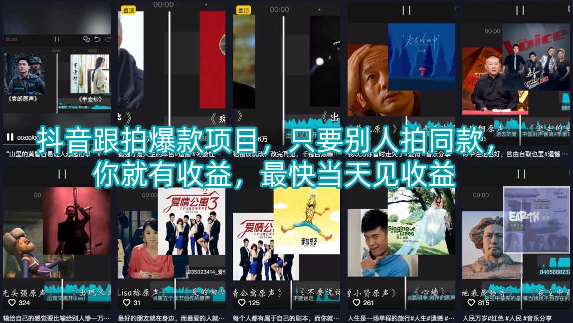 抖音跟拍爆款项目，只要别人拍同款，你就有收益，最快当天见收益-来聚吧