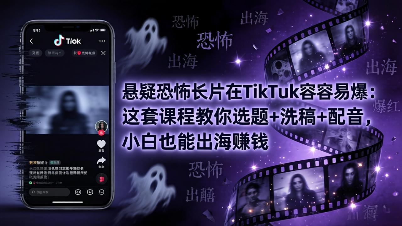 悬疑恐怖长片在TikTok最容易爆：这套课程教你选题+洗稿+配音，小白也能出海赚钱-来聚吧