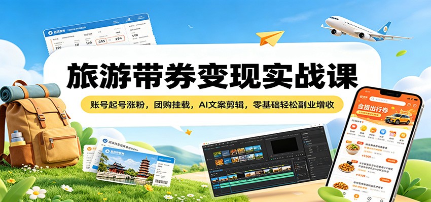 旅游带券变现实战课：账号起号涨粉，团购挂载，AI文案剪辑，零基础轻松副业增收-来聚吧