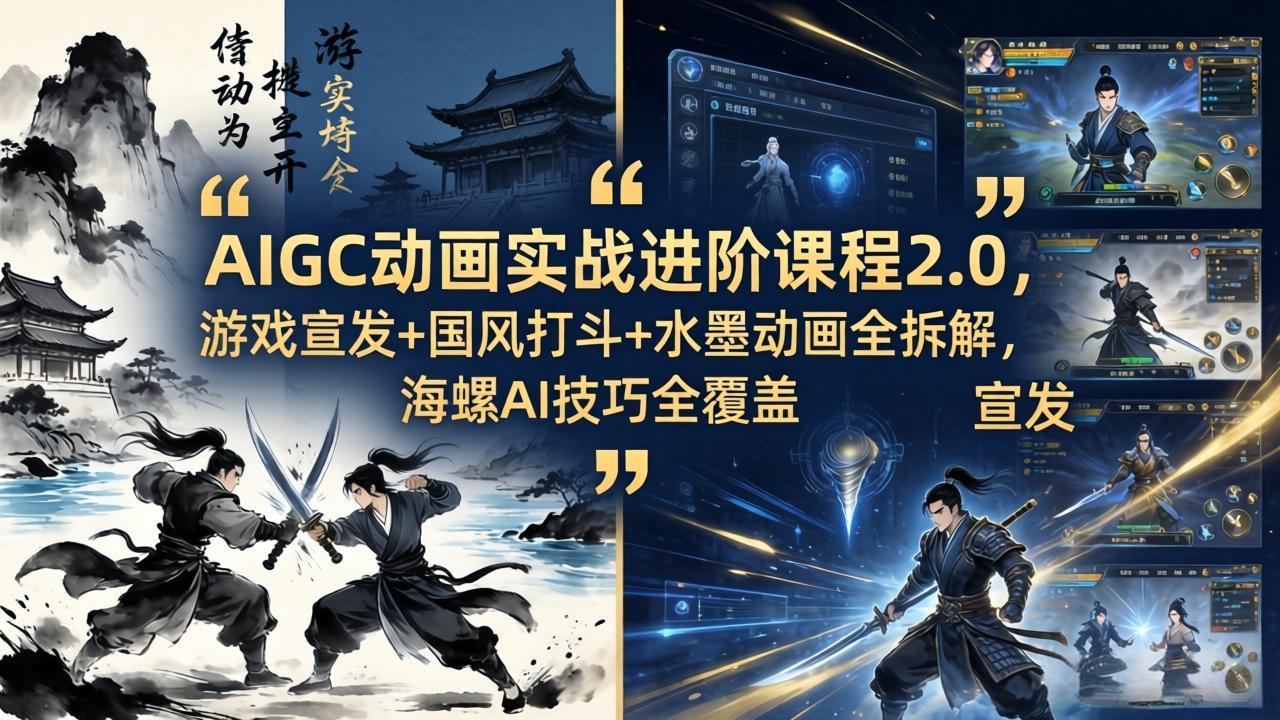 AIGC动画实战进阶课程2.0，游戏宣发+国风打斗+水墨动画全拆解，海螺AI技巧全覆盖-来聚吧