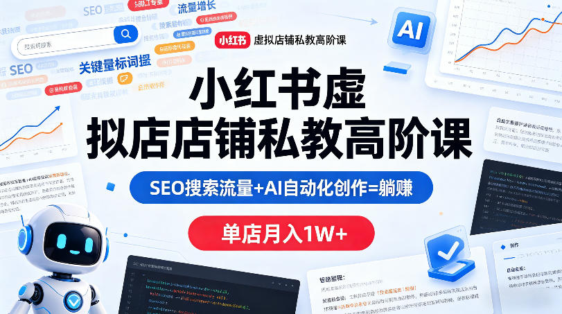 小红书虚拟店铺私教高阶课，SEO搜索流量+AI自动化创作=躺賺，单店月入1W+-来聚吧