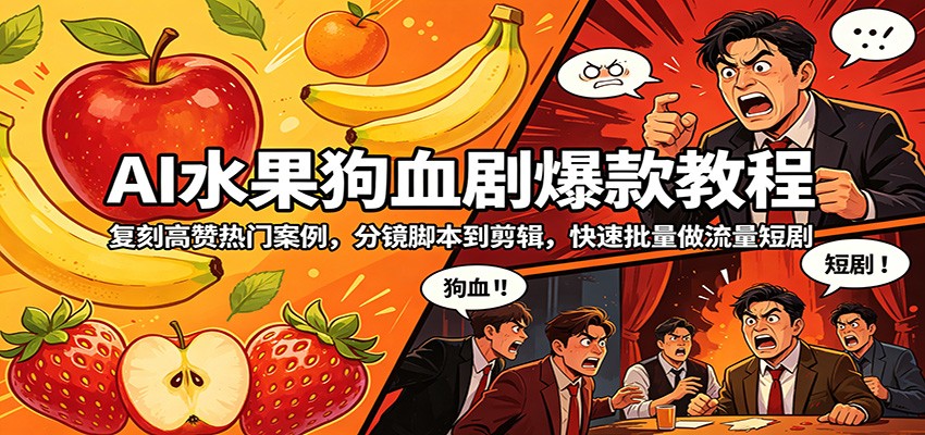 AI水果狗血剧爆款教程：复刻高赞热门案例，分镜脚本到剪辑，快速批量做流量短剧-来聚吧