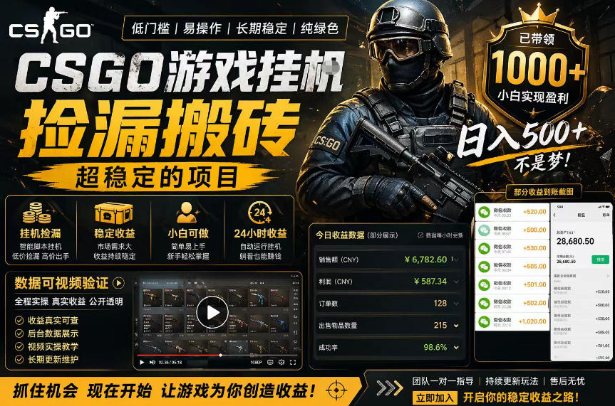 CSGO游戏搬砖，全自动挂G，不需要玩游戏，手机操作日入300+，解放双手【揭秘】-来聚吧
