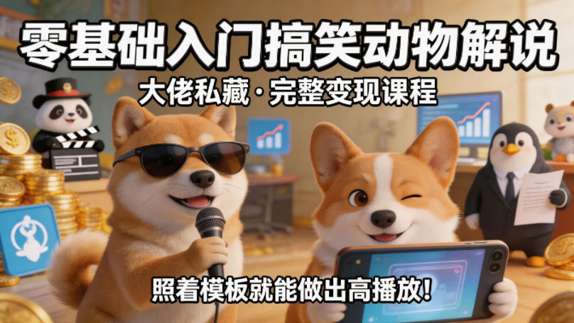 零基础入门搞笑动物解说，大佬私藏完整变现课程，照着模板就能做出高播放-来聚吧