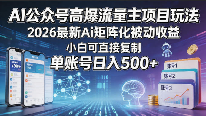 AI公众号高爆流量主项目玩法,2026最新Ai矩阵化被动收益,小白可直接复制,单账号日入500+-来聚吧