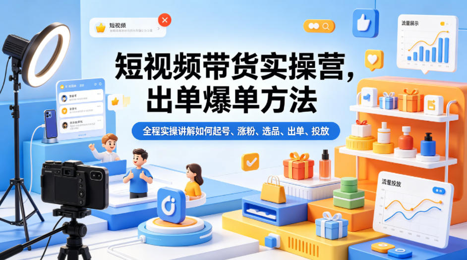 短视频带货实操营,出单爆单方法,全程实操讲解如何起号、涨粉、选品、出单、投放-来聚吧